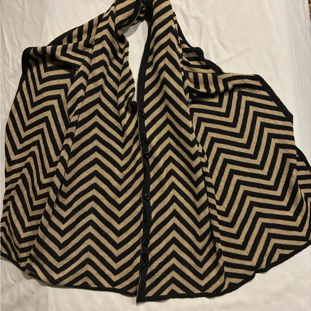ChevronGold Lurex Shawl Patterned Black/Gold Stripes W/ Black Buttons  VTG